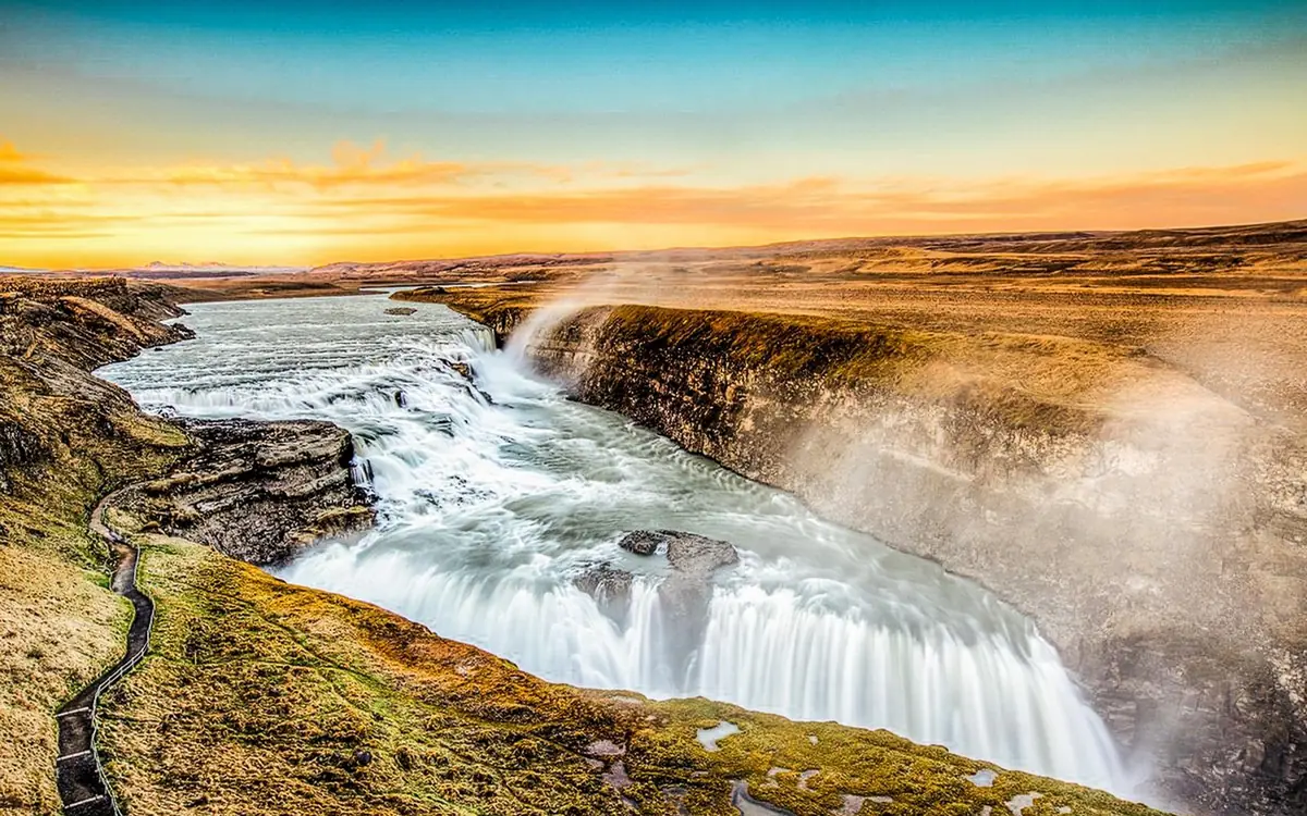Gullfoss waterfall on the Hvítá river in golden evening light