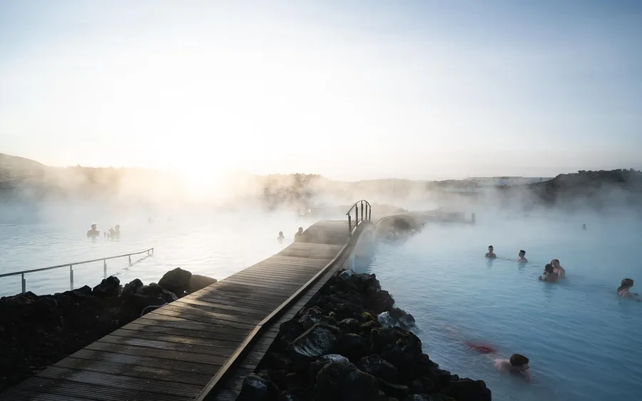 The boardwalk over the milky blue water of the Blue Lagoon